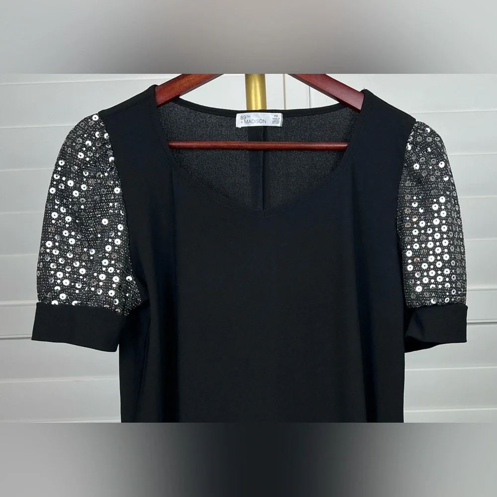 Black Top w/Silver Sequined Sleeves Sz P-M, by 89Th+ Madison - Picture 5 of 6